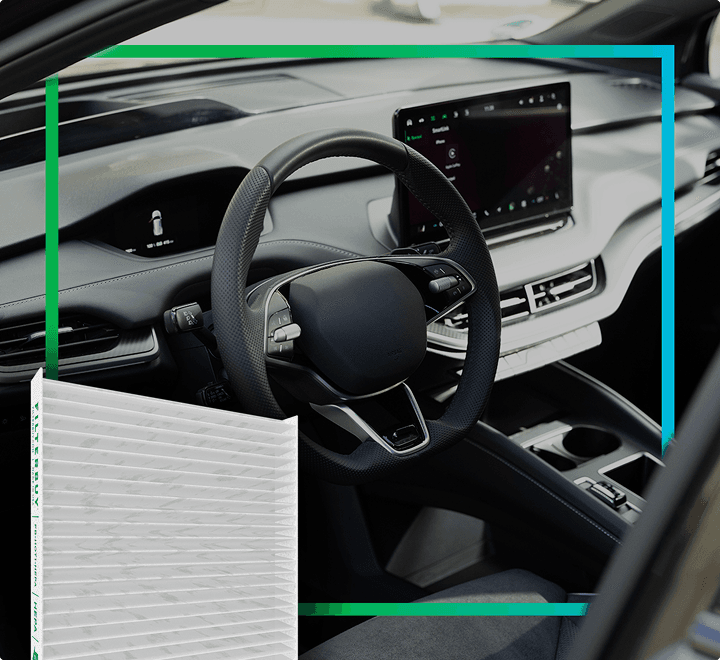 Filterbuy cabin air filter shown beside a vehicle's interior dashboard