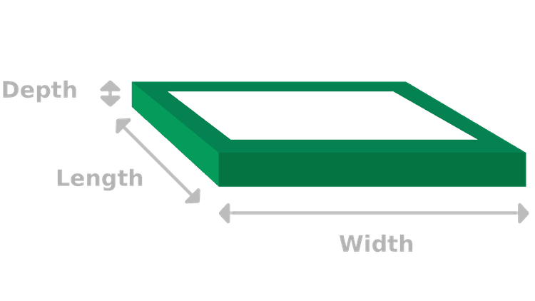 Schéma des dimensions du filtre indiquant la largeur, la longueur et la profondeur