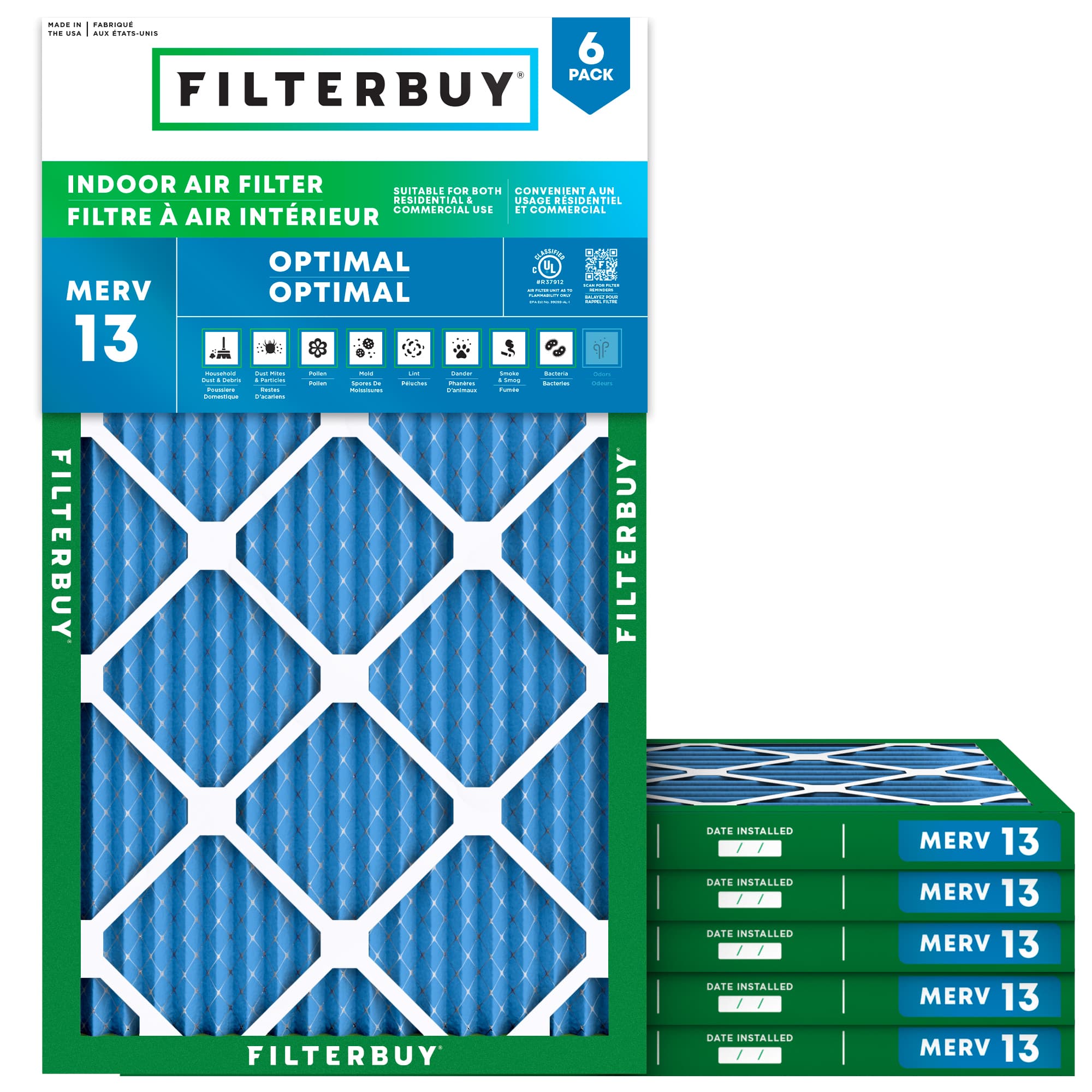15x30.75x1 MERV 13 Pleated Air Filter - 6 Quantity