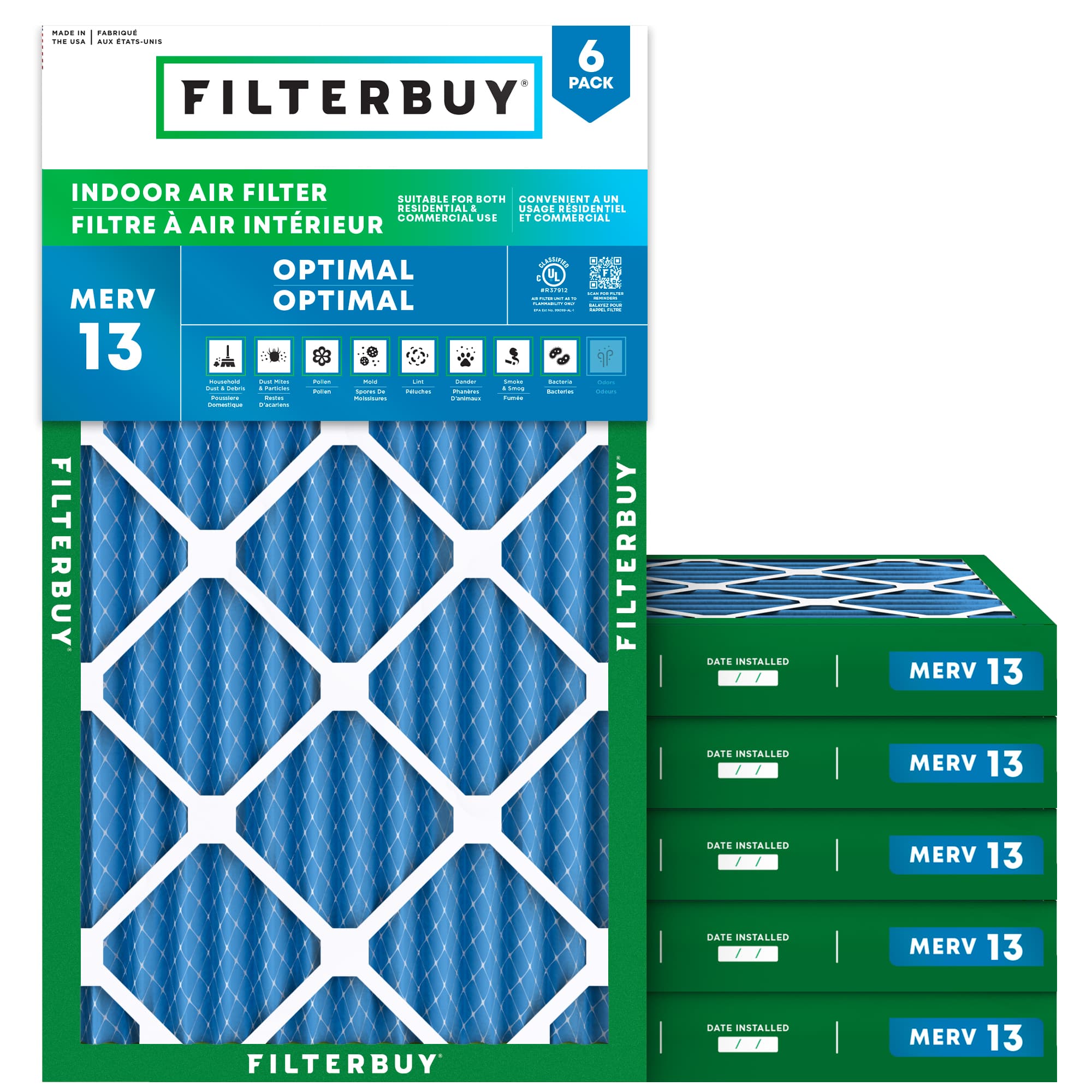15.5x24.5x2 MERV 13 Filtre à air plissé - 6 Quantité
