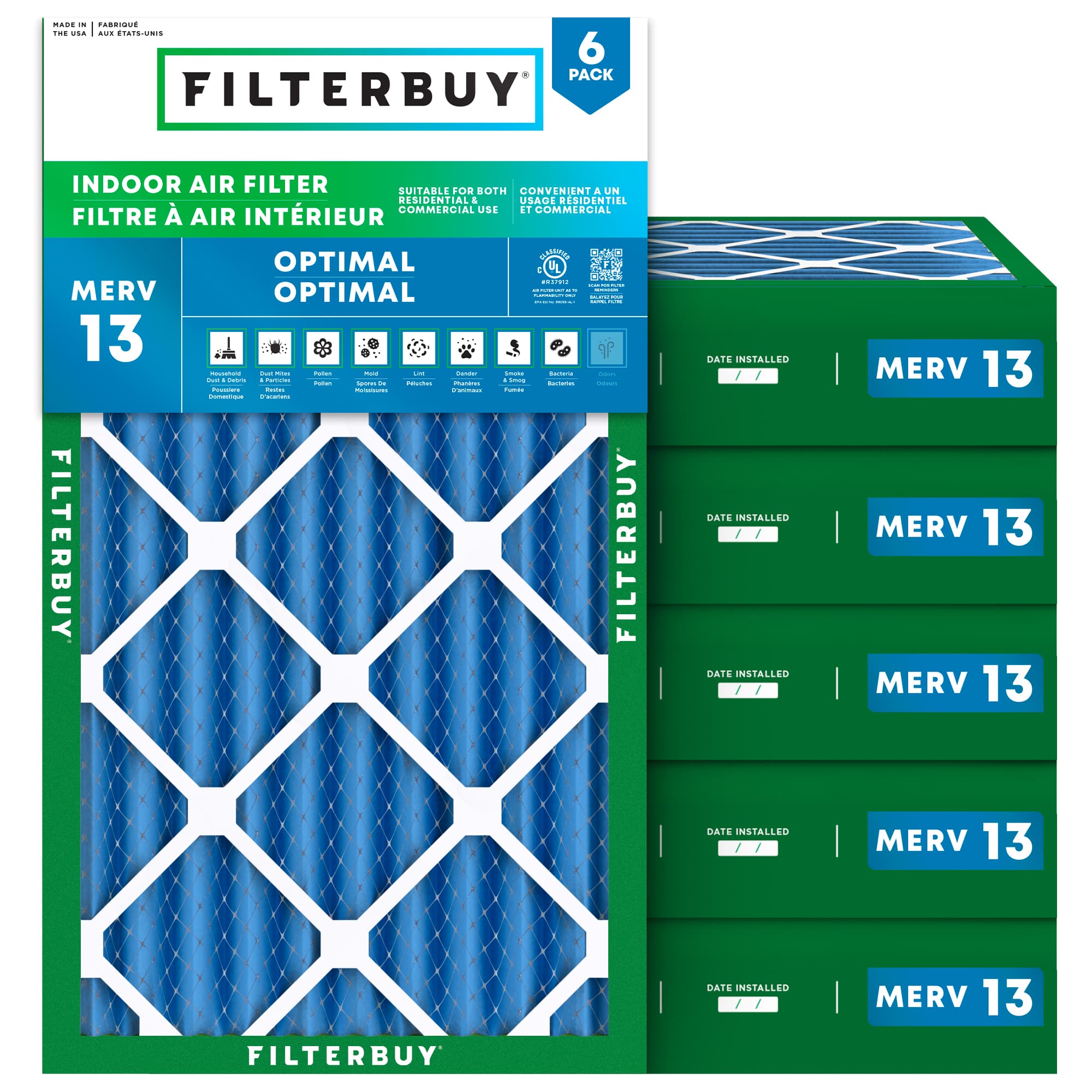 15.5x24.5x4 MERV 13 Filtre à air plissé - 6 Quantité