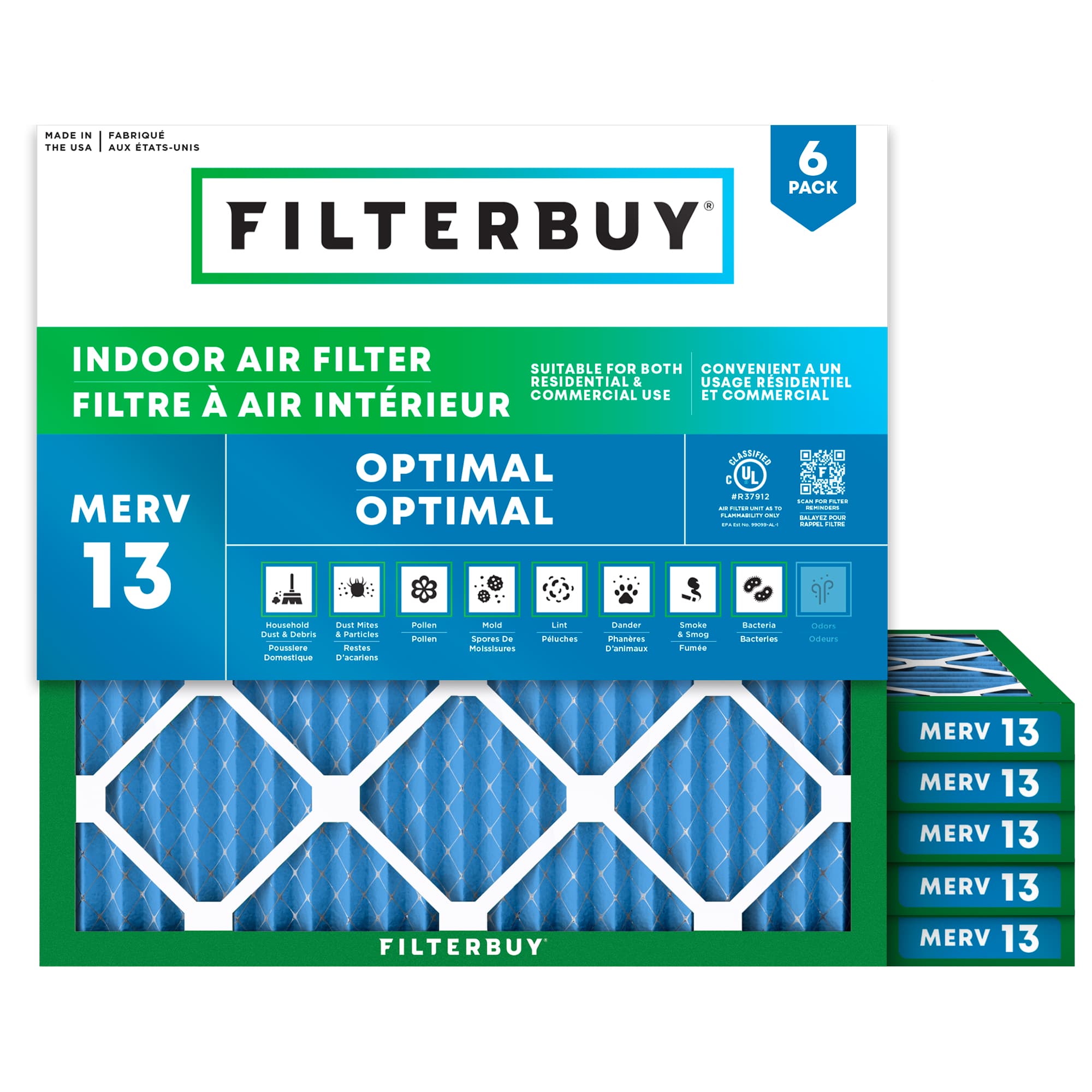 15x15x1 MERV 13 Pleated Air Filter - 6 Quantity