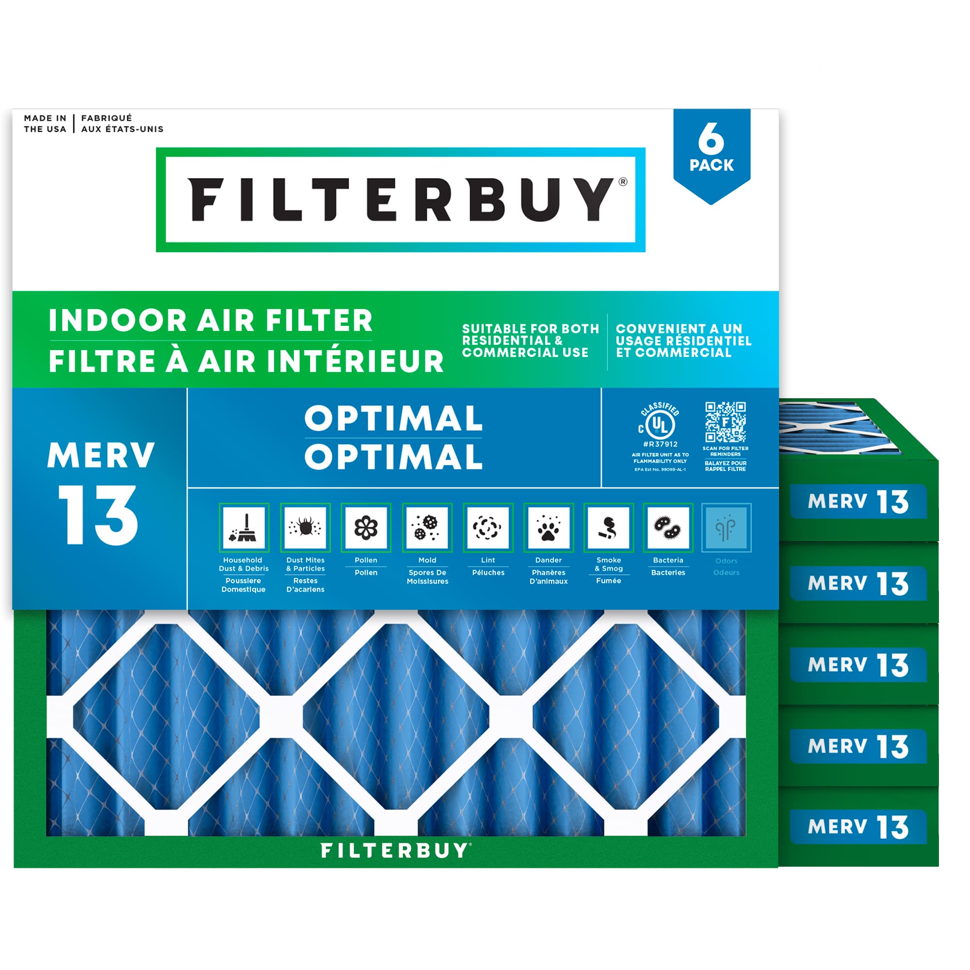 21x21x2 MERV 13 Pleated Air Filter - 6 Quantity