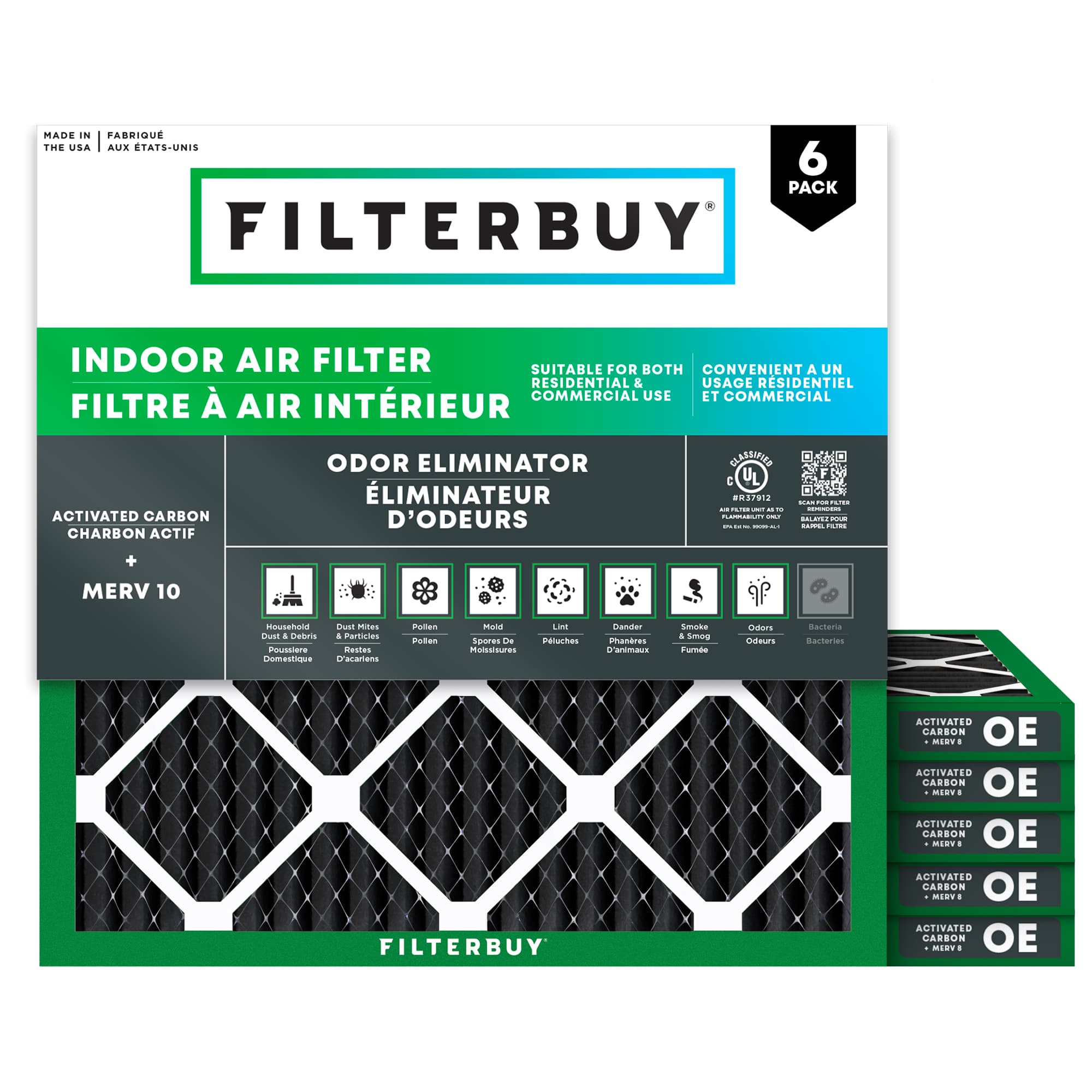 14x14x1 Odor Eliminator Pleated Air Filter - 6 Quantity